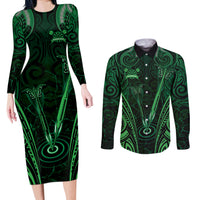 Personalised New Zealand Darts Couples Matching Long Sleeve Bodycon Dress and Long Sleeve Button Shirt Green Dart Board Maori Pattern LT05 Green - Polynesian Pride