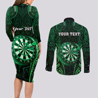 Personalised New Zealand Darts Couples Matching Long Sleeve Bodycon Dress and Long Sleeve Button Shirt Green Dart Board Maori Pattern LT05 - Polynesian Pride