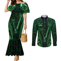 Personalised New Zealand Darts Couples Matching Mermaid Dress and Long Sleeve Button Shirt Green Dart Board Maori Pattern LT05 Green - Polynesian Pride
