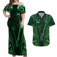 Personalised New Zealand Darts Couples Matching Off Shoulder Maxi Dress and Hawaiian Shirt Green Dart Board Maori Pattern LT05 Green - Polynesian Pride