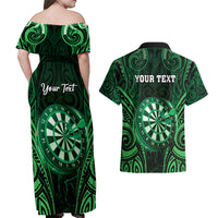 Personalised New Zealand Darts Couples Matching Off Shoulder Maxi Dress and Hawaiian Shirt Green Dart Board Maori Pattern LT05 - Polynesian Pride