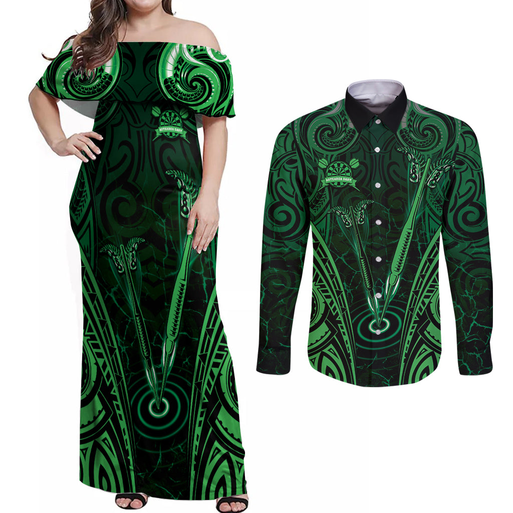 Personalised New Zealand Darts Couples Matching Off Shoulder Maxi Dress and Long Sleeve Button Shirt Green Dart Board Maori Pattern LT05 Green - Polynesian Pride