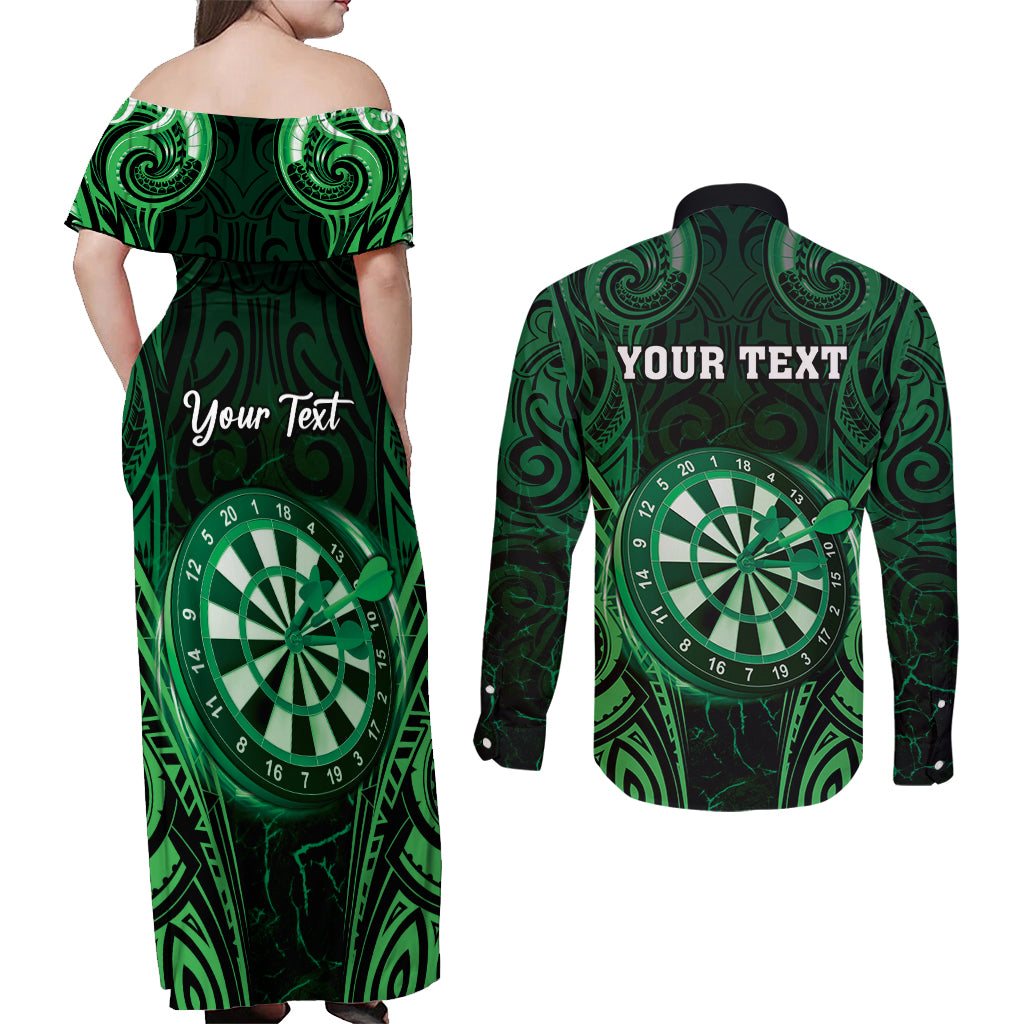 Personalised New Zealand Darts Couples Matching Off Shoulder Maxi Dress and Long Sleeve Button Shirt Green Dart Board Maori Pattern LT05 - Polynesian Pride