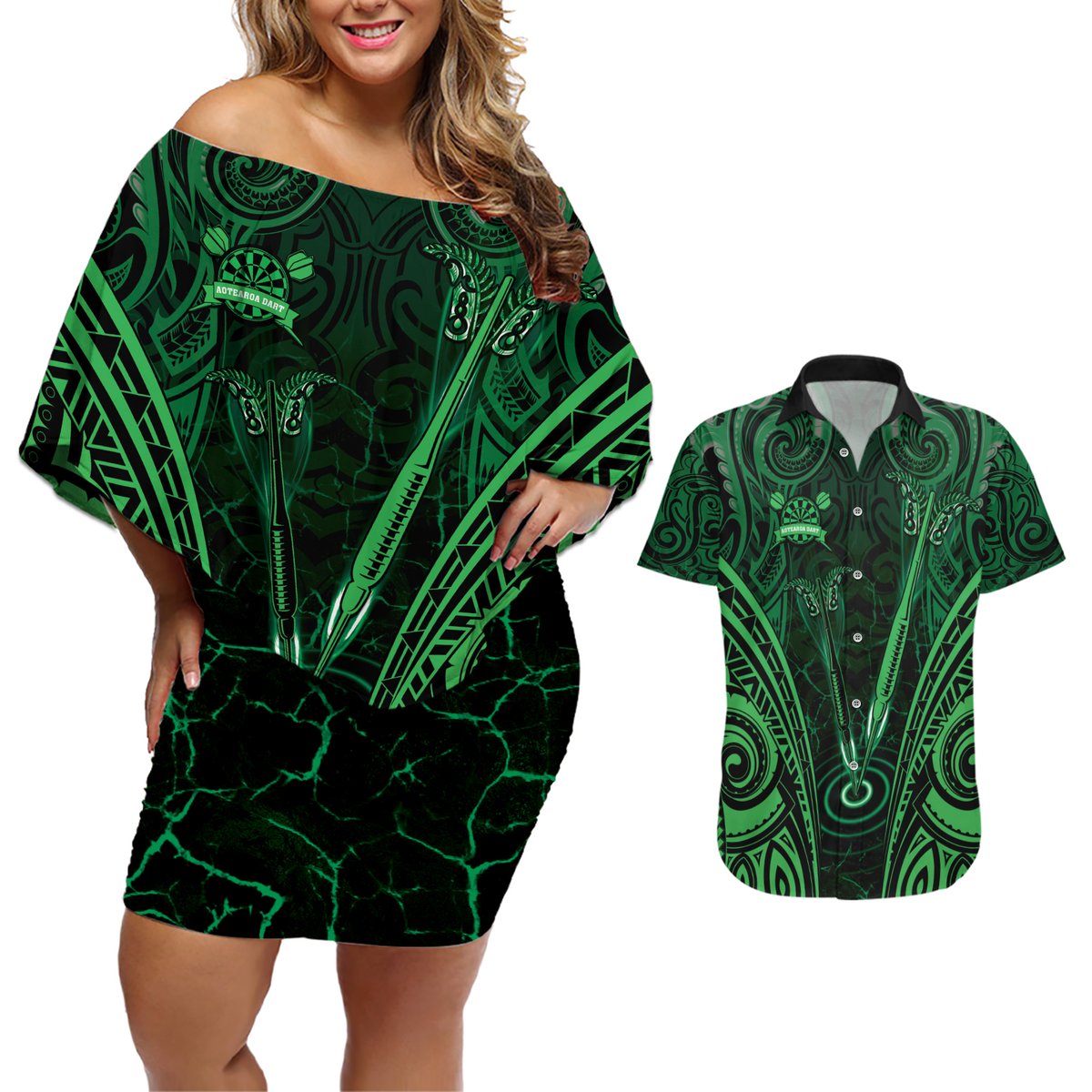 Personalised New Zealand Darts Couples Matching Off Shoulder Short Dress and Hawaiian Shirt Green Dart Board Maori Pattern LT05 Green - Polynesian Pride