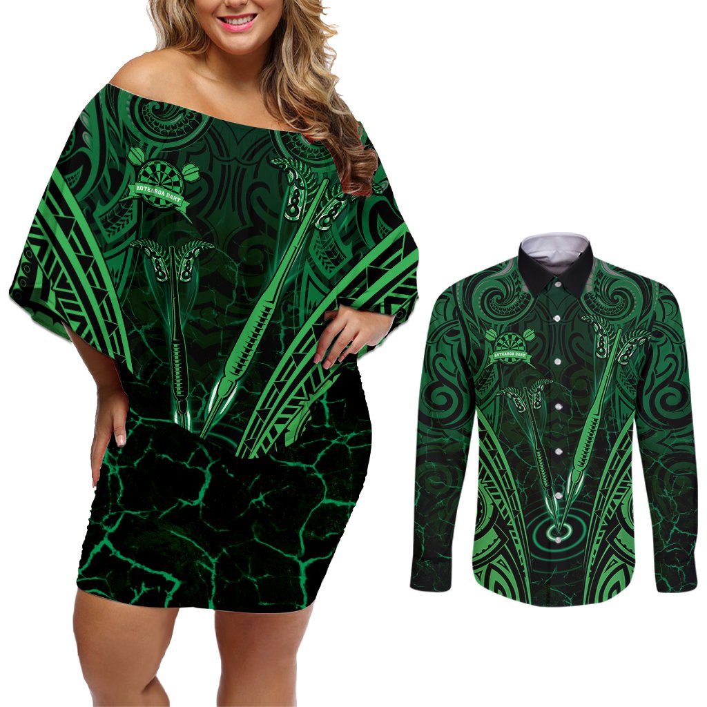 Personalised New Zealand Darts Couples Matching Off Shoulder Short Dress and Long Sleeve Button Shirt Green Dart Board Maori Pattern LT05 Green - Polynesian Pride