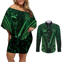 Personalised New Zealand Darts Couples Matching Off Shoulder Short Dress and Long Sleeve Button Shirt Green Dart Board Maori Pattern LT05 Green - Polynesian Pride