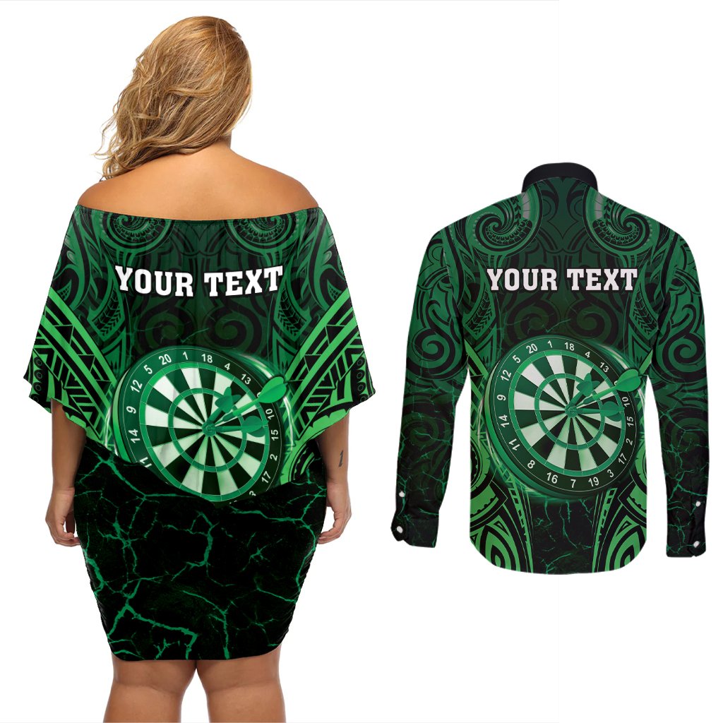 Personalised New Zealand Darts Couples Matching Off Shoulder Short Dress and Long Sleeve Button Shirt Green Dart Board Maori Pattern LT05 - Polynesian Pride