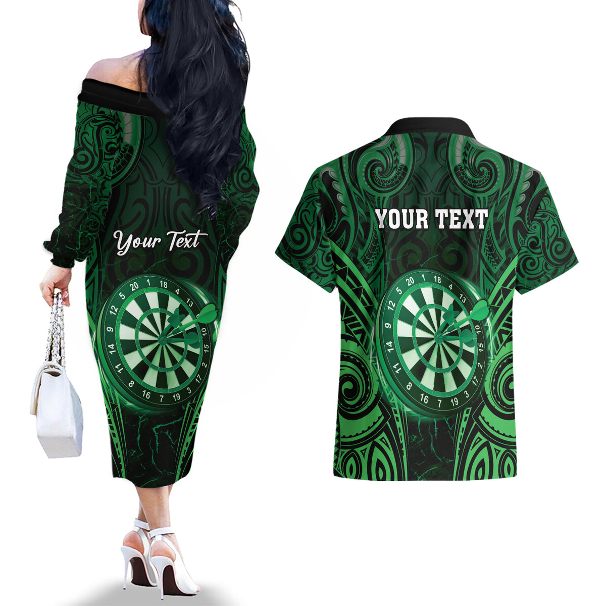 Personalised New Zealand Darts Couples Matching Off The Shoulder Long Sleeve Dress and Hawaiian Shirt Green Dart Board Maori Pattern LT05 - Polynesian Pride