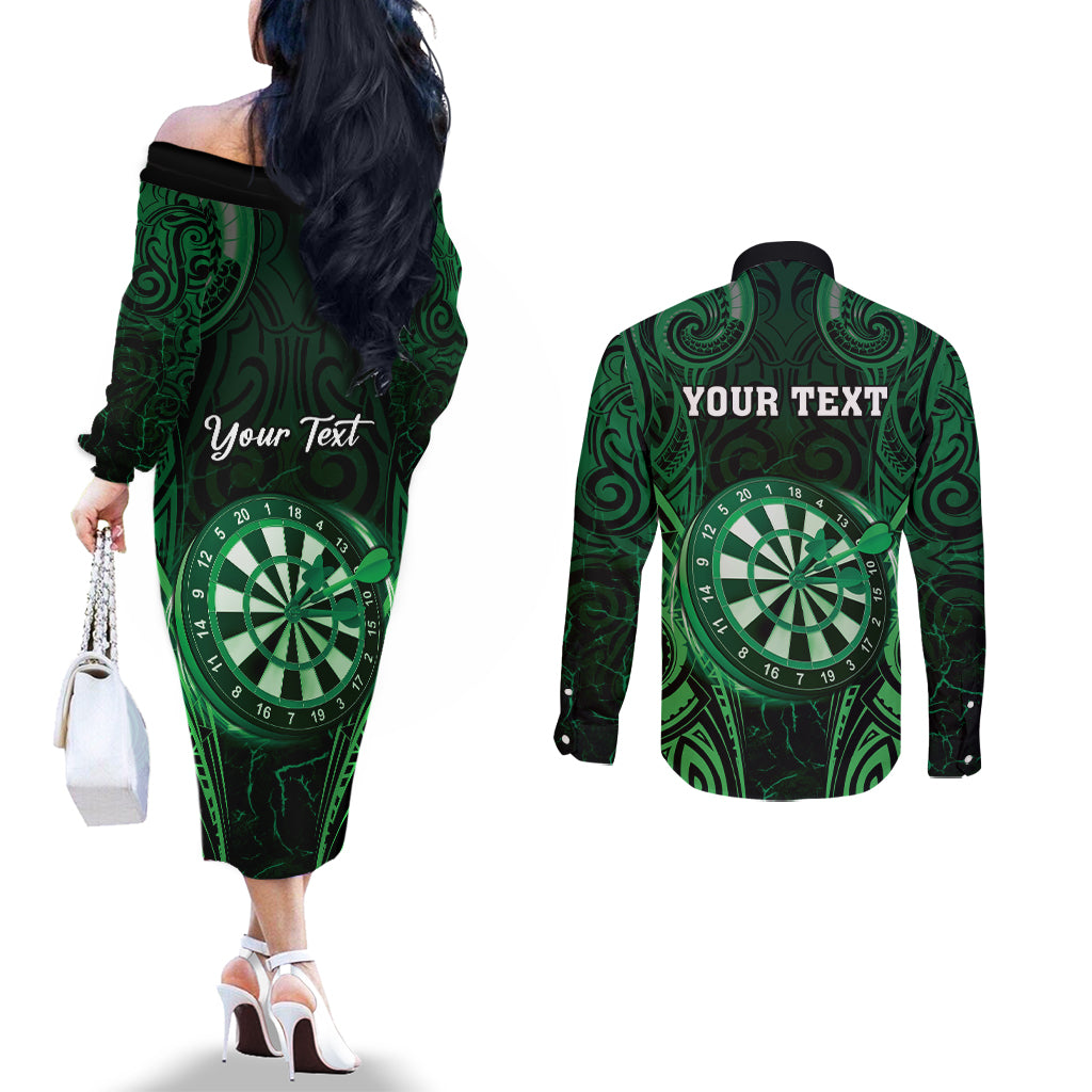 Personalised New Zealand Darts Couples Matching Off The Shoulder Long Sleeve Dress and Long Sleeve Button Shirt Green Dart Board Maori Pattern LT05 - Polynesian Pride