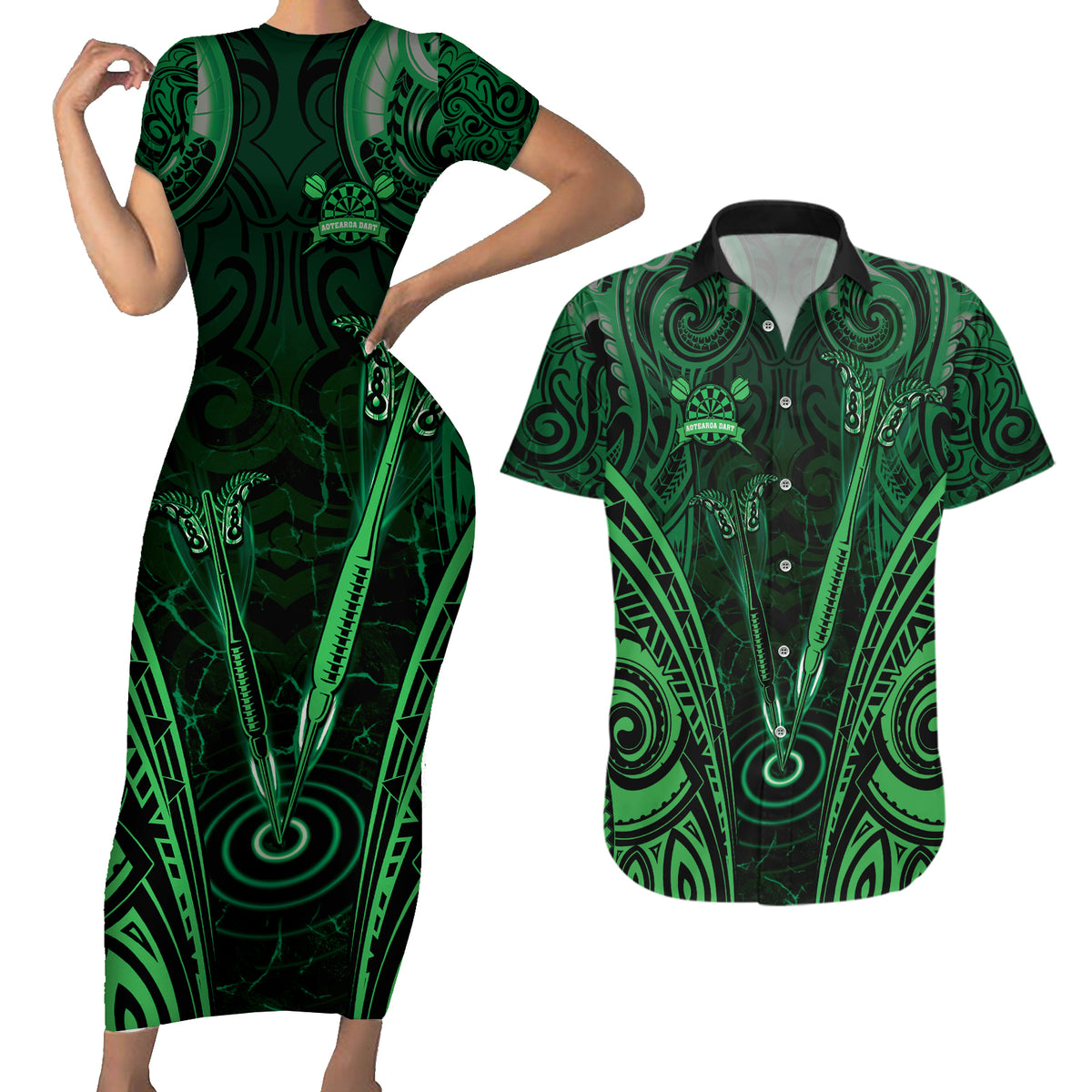 Personalised New Zealand Darts Couples Matching Short Sleeve Bodycon Dress and Hawaiian Shirt Green Dart Board Maori Pattern LT05 Green - Polynesian Pride