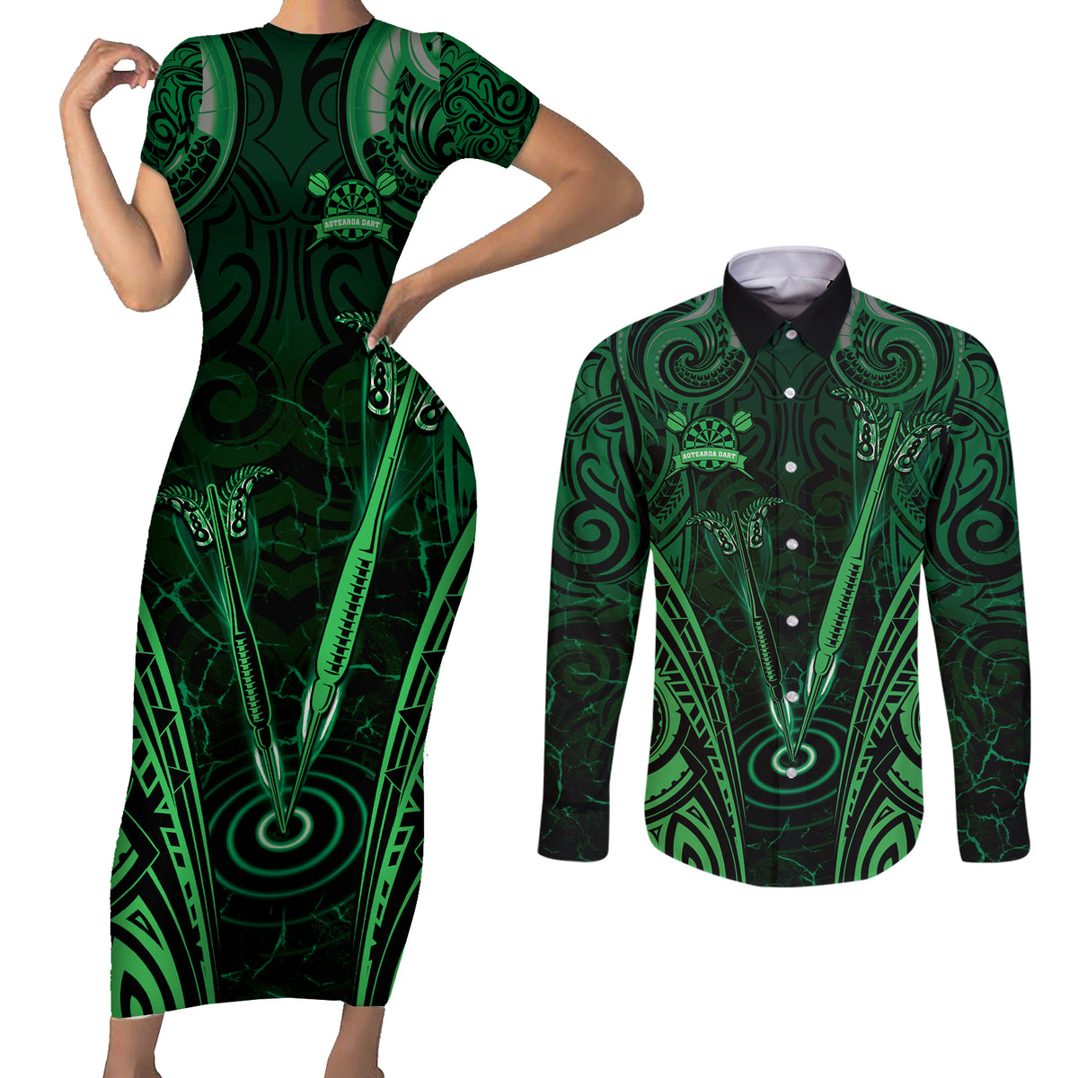 Personalised New Zealand Darts Couples Matching Short Sleeve Bodycon Dress and Long Sleeve Button Shirt Green Dart Board Maori Pattern LT05 Green - Polynesian Pride
