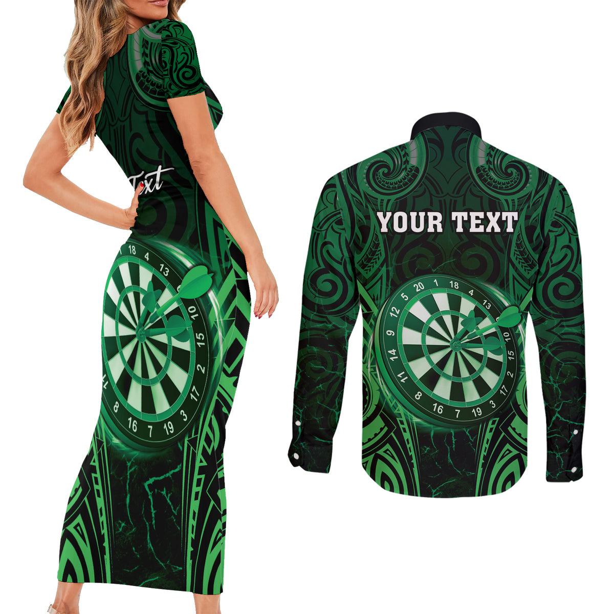 Personalised New Zealand Darts Couples Matching Short Sleeve Bodycon Dress and Long Sleeve Button Shirt Green Dart Board Maori Pattern LT05 - Polynesian Pride