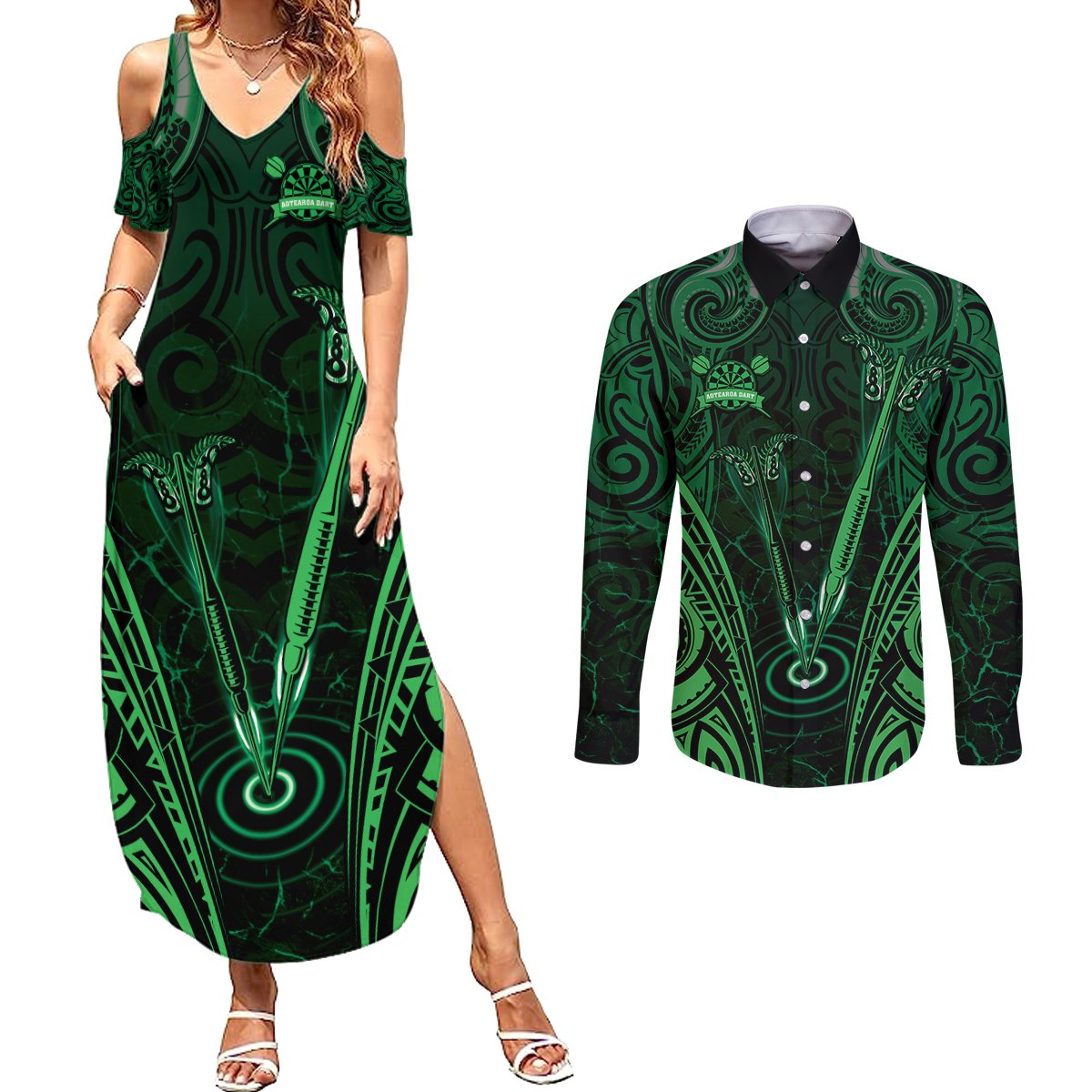 Personalised New Zealand Darts Couples Matching Summer Maxi Dress and Long Sleeve Button Shirt Green Dart Board Maori Pattern LT05 Green - Polynesian Pride