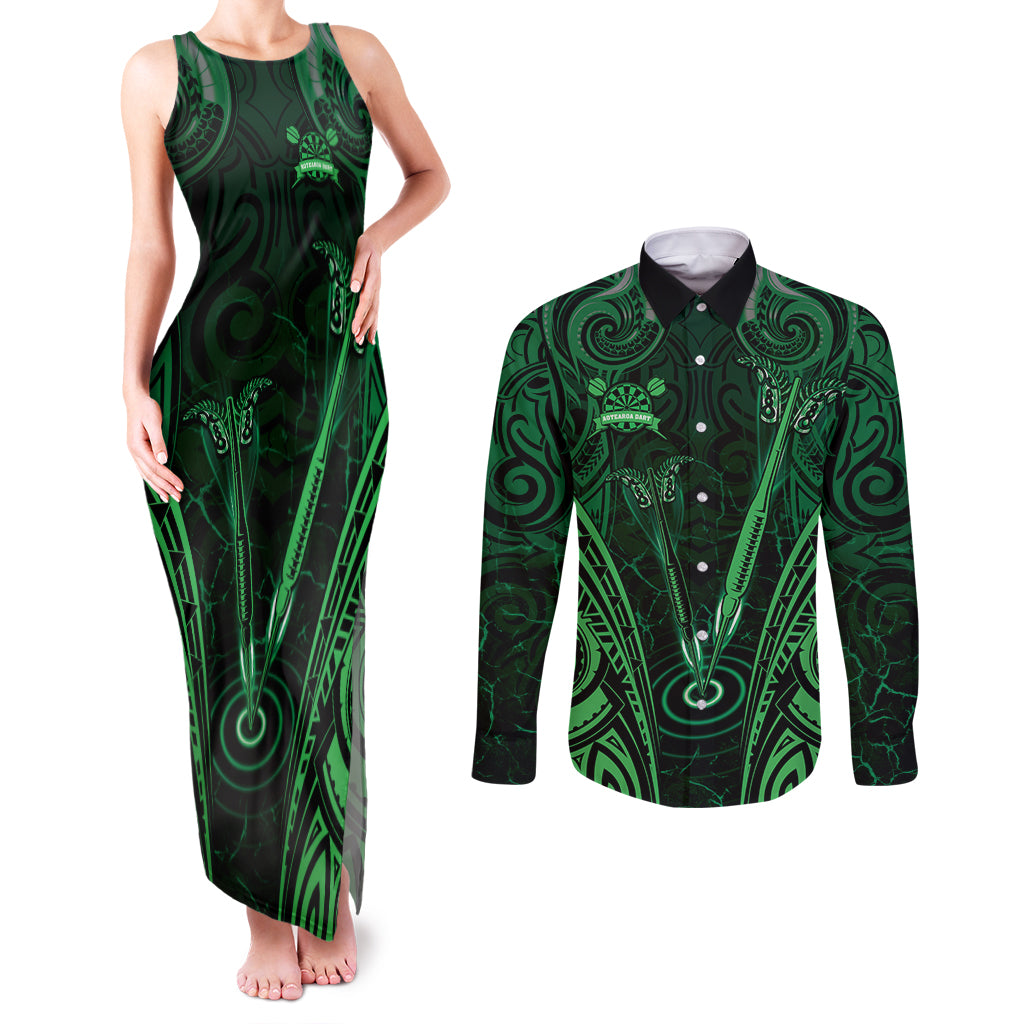 Personalised New Zealand Darts Couples Matching Tank Maxi Dress and Long Sleeve Button Shirt Green Dart Board Maori Pattern LT05 Green - Polynesian Pride