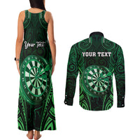 Personalised New Zealand Darts Couples Matching Tank Maxi Dress and Long Sleeve Button Shirt Green Dart Board Maori Pattern LT05 - Polynesian Pride