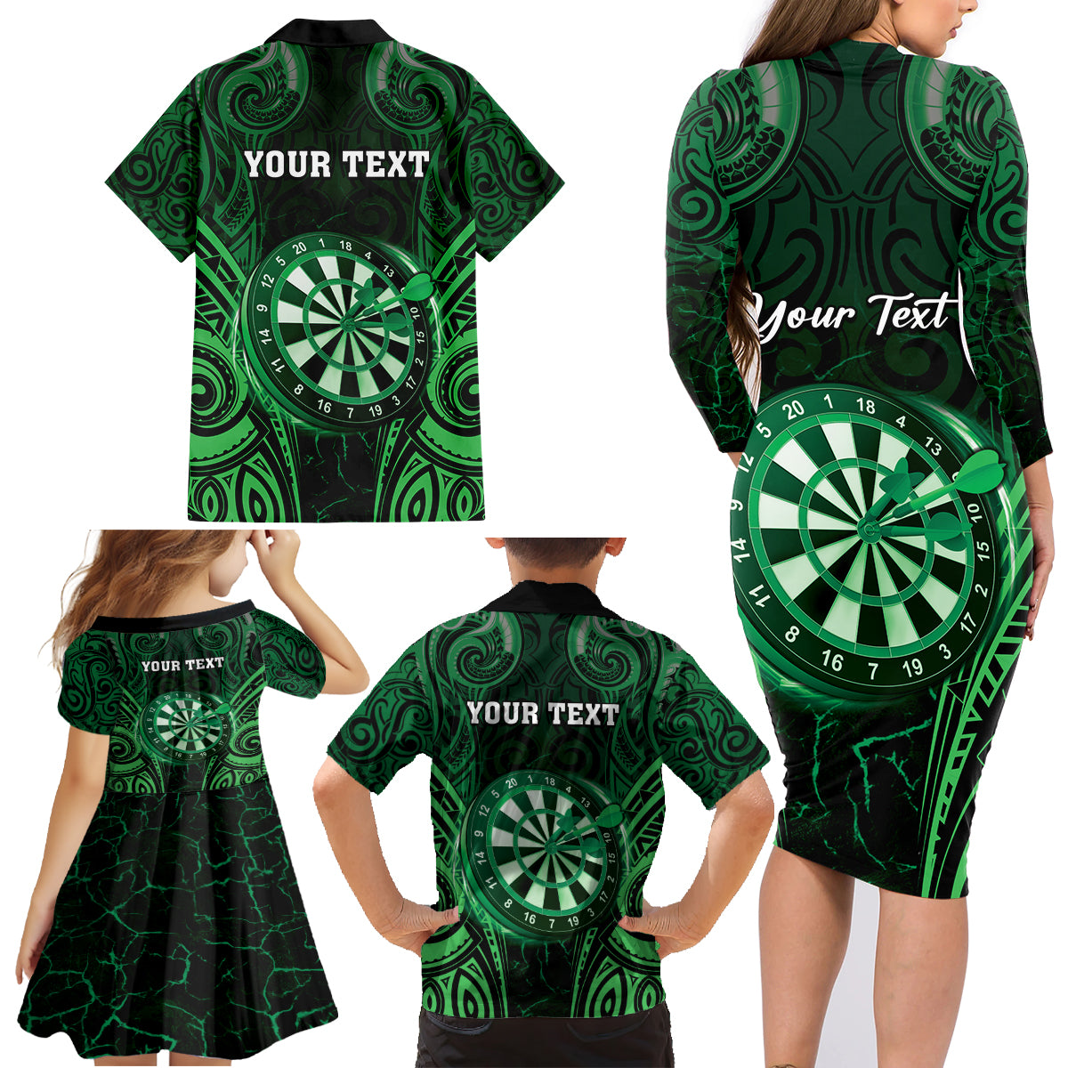 Personalised New Zealand Darts Family Matching Long Sleeve Bodycon Dress and Hawaiian Shirt Green Dart Board Maori Pattern LT05 - Polynesian Pride