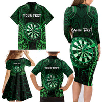 Personalised New Zealand Darts Family Matching Long Sleeve Bodycon Dress and Hawaiian Shirt Green Dart Board Maori Pattern LT05 - Polynesian Pride