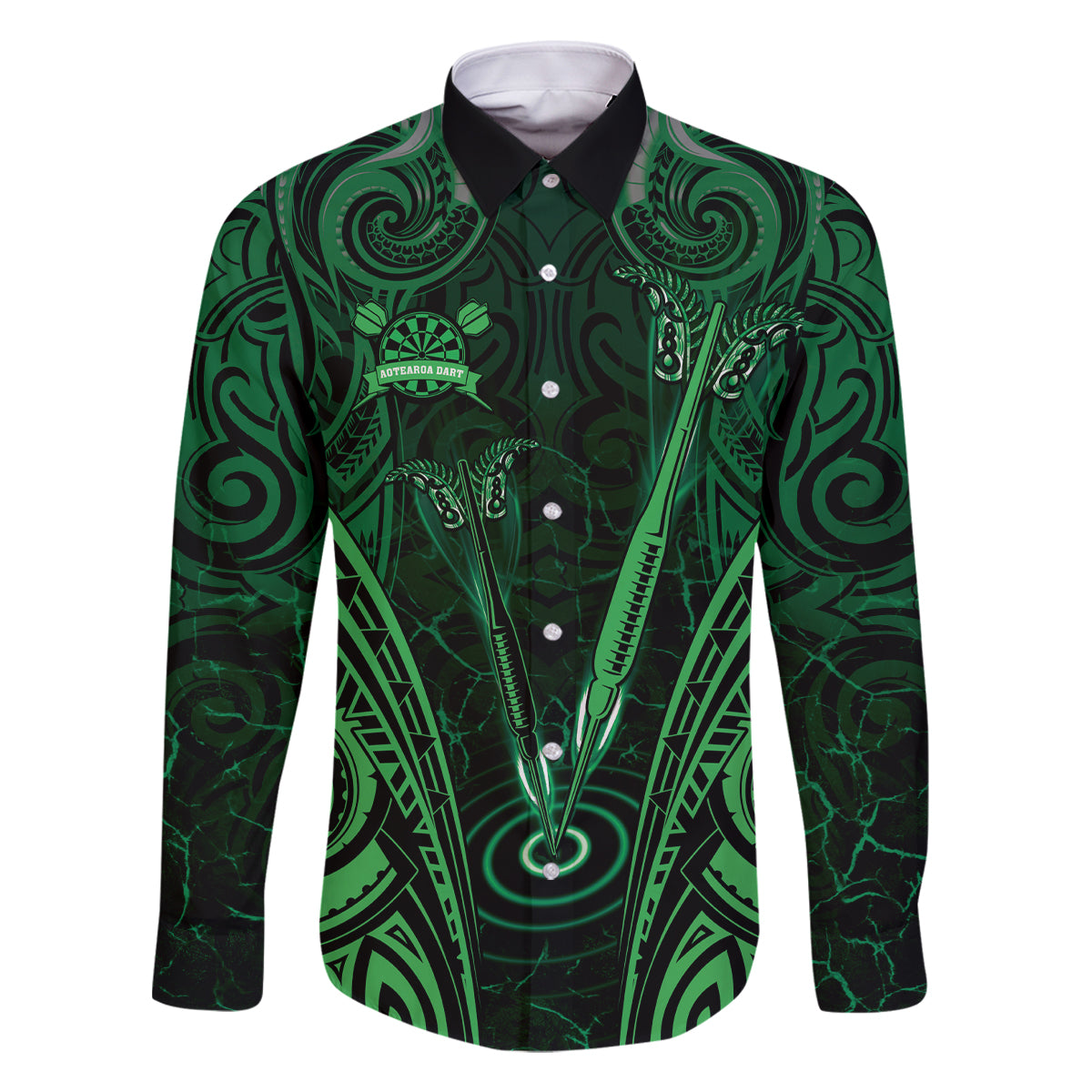 Personalised New Zealand Darts Family Matching Long Sleeve Bodycon Dress and Hawaiian Shirt Green Dart Board Maori Pattern LT05 Dad's Shirt - Long Sleeve Green - Polynesian Pride
