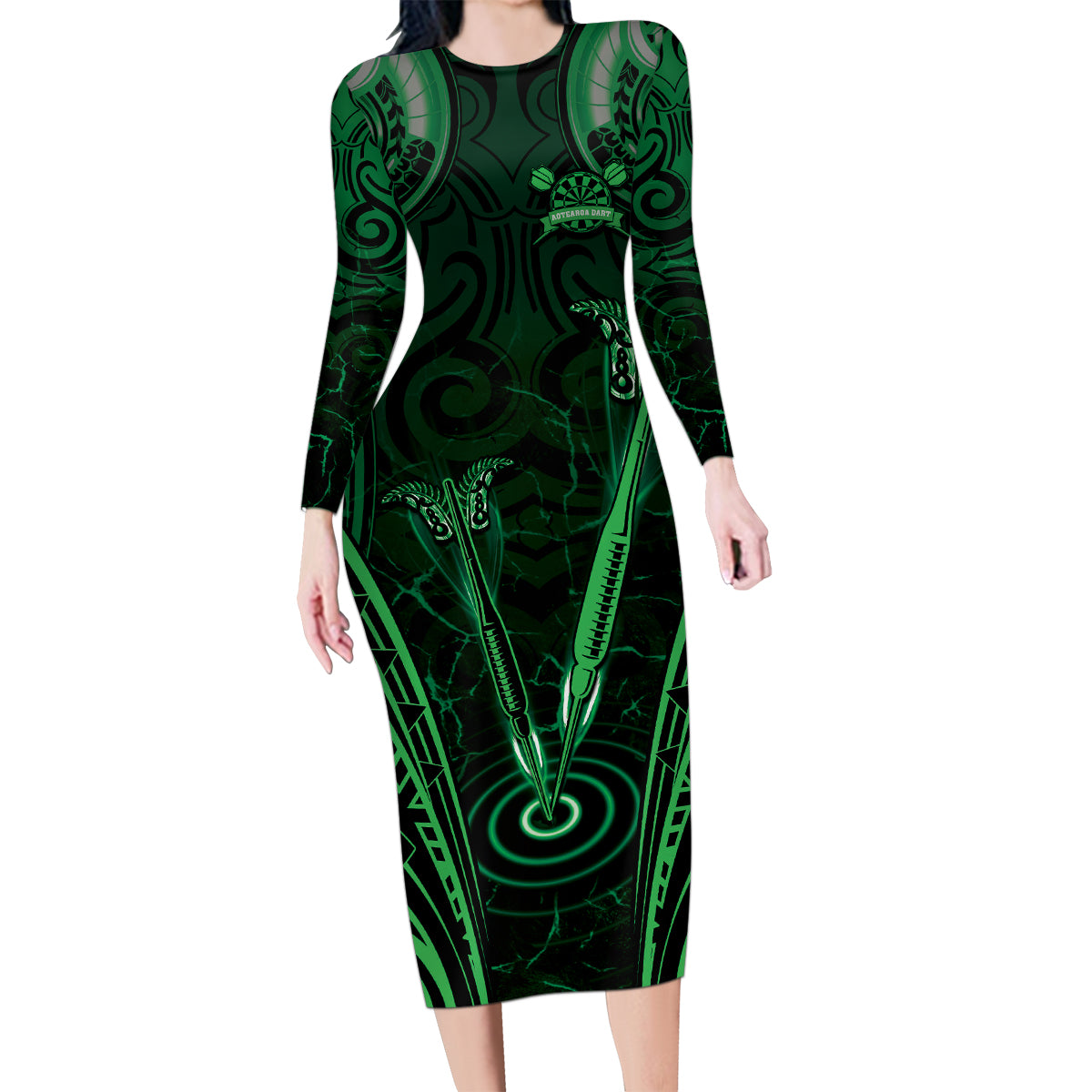 Personalised New Zealand Darts Family Matching Long Sleeve Bodycon Dress and Hawaiian Shirt Green Dart Board Maori Pattern LT05 Mom's Dress Green - Polynesian Pride