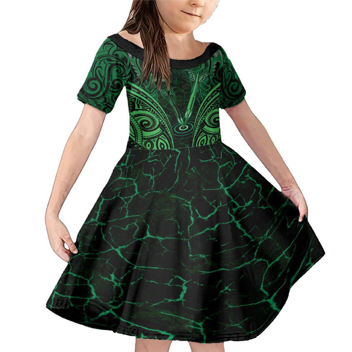 Personalised New Zealand Darts Family Matching Mermaid Dress and Hawaiian Shirt Green Dart Board Maori Pattern LT05 Daughter's Dress Green - Polynesian Pride