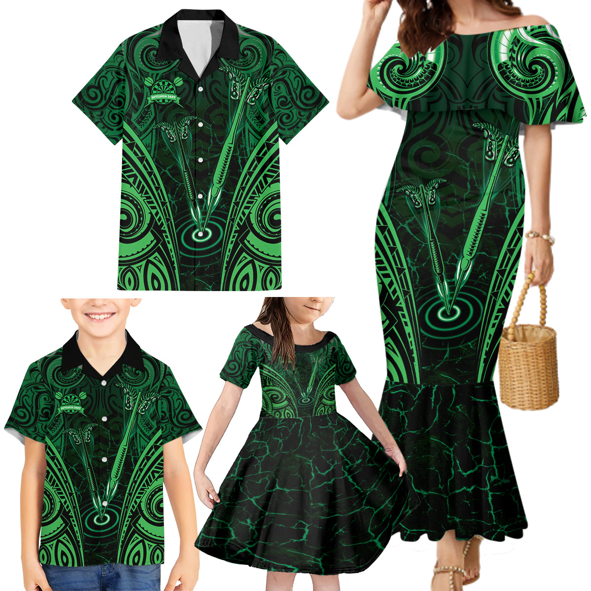 Personalised New Zealand Darts Family Matching Mermaid Dress and Hawaiian Shirt Green Dart Board Maori Pattern LT05 - Polynesian Pride
