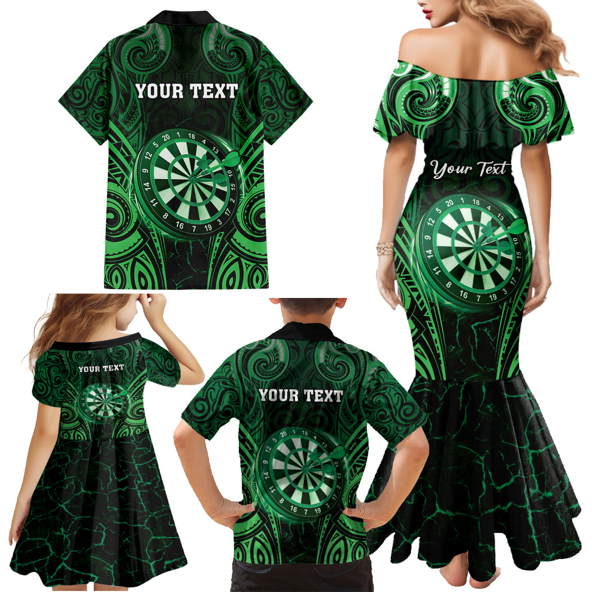 Personalised New Zealand Darts Family Matching Mermaid Dress and Hawaiian Shirt Green Dart Board Maori Pattern LT05 - Polynesian Pride