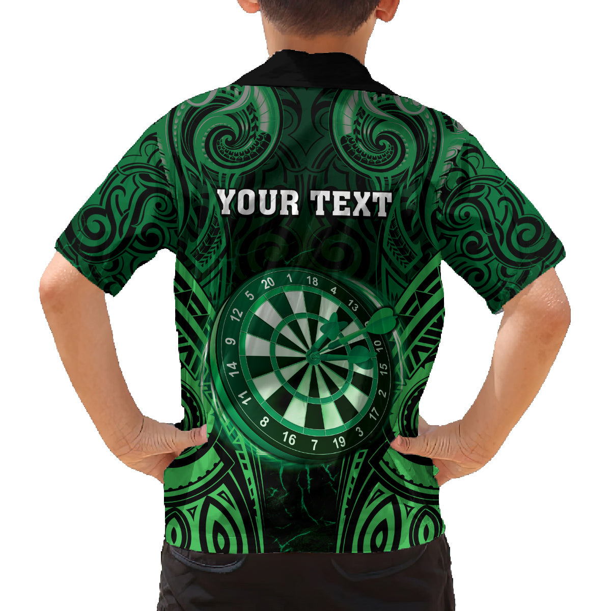 Personalised New Zealand Darts Family Matching Off The Shoulder Long Sleeve Dress and Hawaiian Shirt Green Dart Board Maori Pattern LT05 - Polynesian Pride