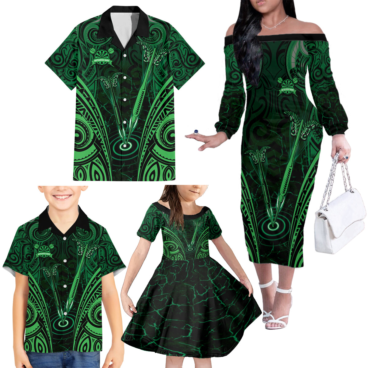 Personalised New Zealand Darts Family Matching Off The Shoulder Long Sleeve Dress and Hawaiian Shirt Green Dart Board Maori Pattern LT05 - Polynesian Pride