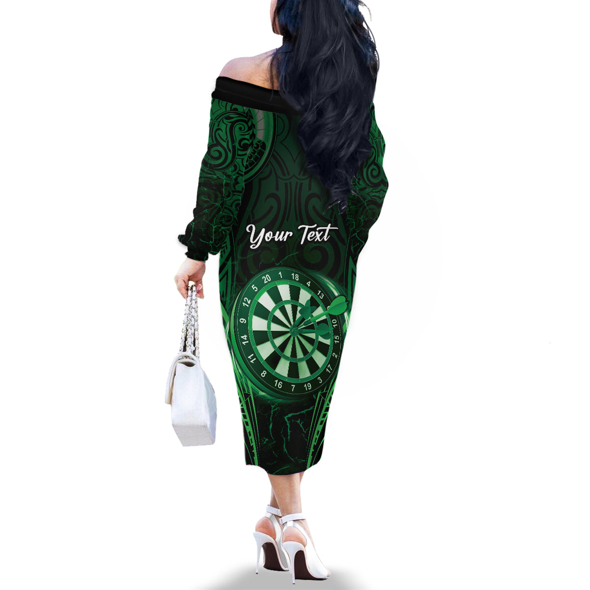 Personalised New Zealand Darts Family Matching Off The Shoulder Long Sleeve Dress and Hawaiian Shirt Green Dart Board Maori Pattern LT05 - Polynesian Pride