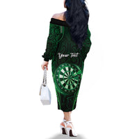 Personalised New Zealand Darts Family Matching Off The Shoulder Long Sleeve Dress and Hawaiian Shirt Green Dart Board Maori Pattern LT05 - Polynesian Pride