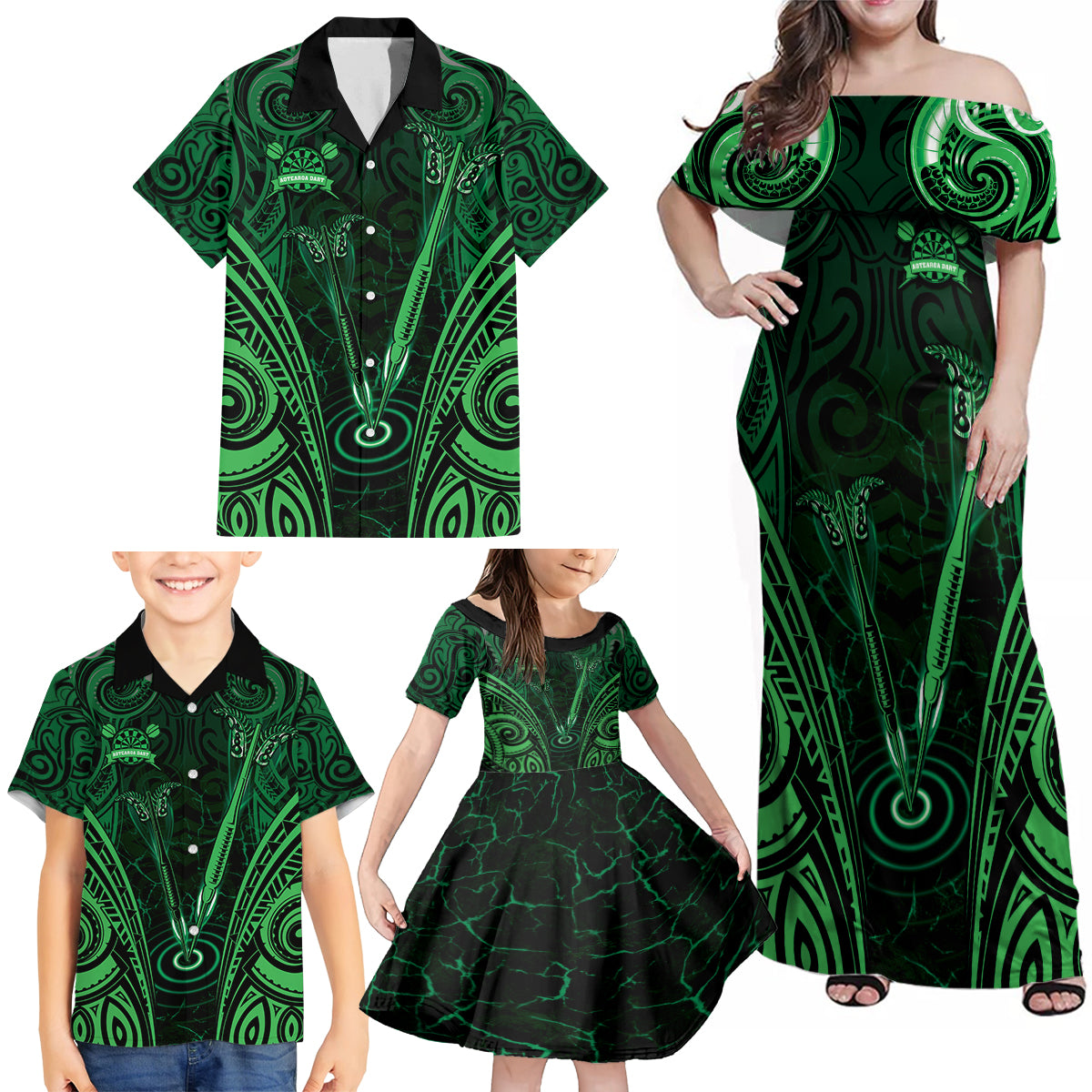 Personalised New Zealand Darts Family Matching Off Shoulder Maxi Dress and Hawaiian Shirt Green Dart Board Maori Pattern LT05 - Polynesian Pride