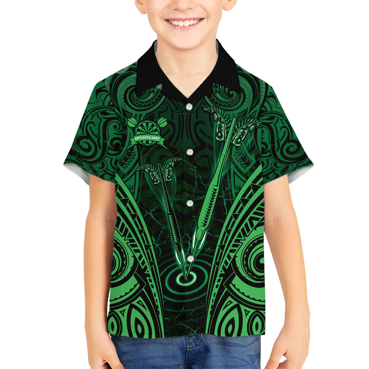 Personalised New Zealand Darts Family Matching Off Shoulder Maxi Dress and Hawaiian Shirt Green Dart Board Maori Pattern LT05 Son's Shirt Green - Polynesian Pride