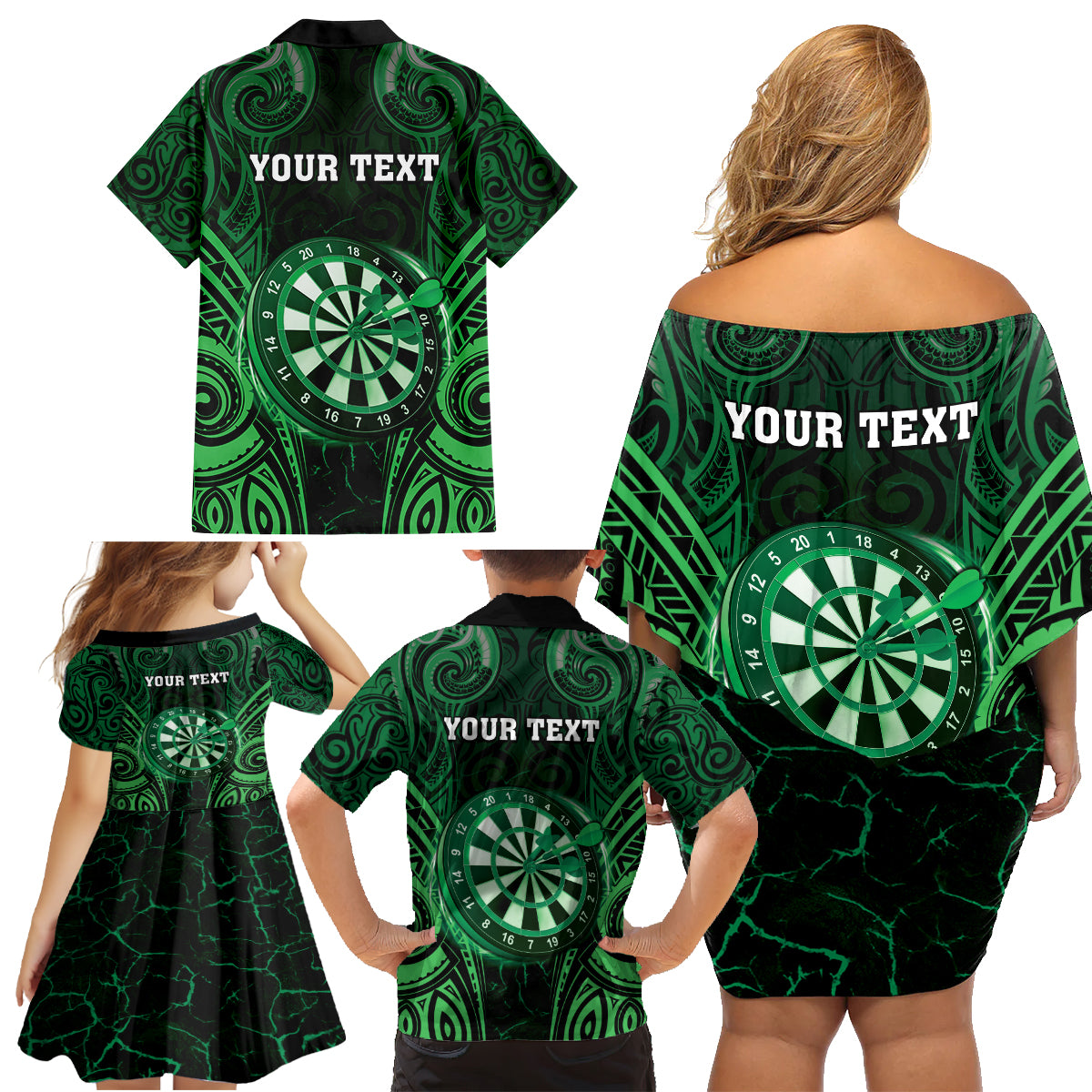 Personalised New Zealand Darts Family Matching Off Shoulder Short Dress and Hawaiian Shirt Green Dart Board Maori Pattern LT05 - Polynesian Pride