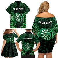 Personalised New Zealand Darts Family Matching Off Shoulder Short Dress and Hawaiian Shirt Green Dart Board Maori Pattern LT05 - Polynesian Pride