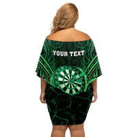 Personalised New Zealand Darts Family Matching Off Shoulder Short Dress and Hawaiian Shirt Green Dart Board Maori Pattern LT05 - Polynesian Pride
