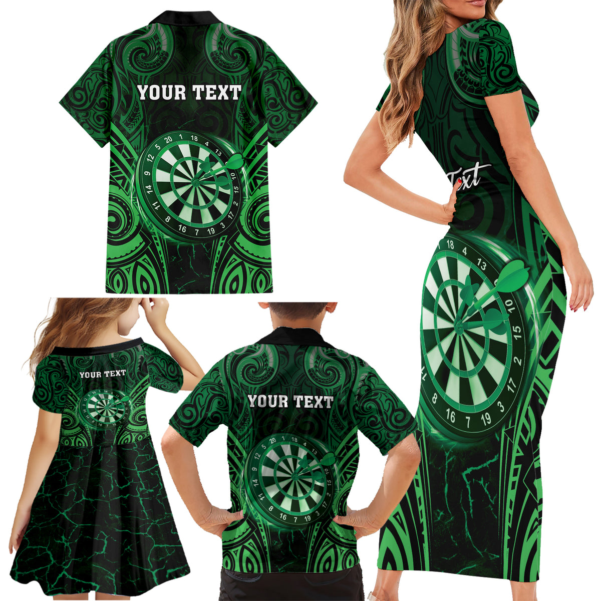 Personalised New Zealand Darts Family Matching Short Sleeve Bodycon Dress and Hawaiian Shirt Green Dart Board Maori Pattern LT05 - Polynesian Pride