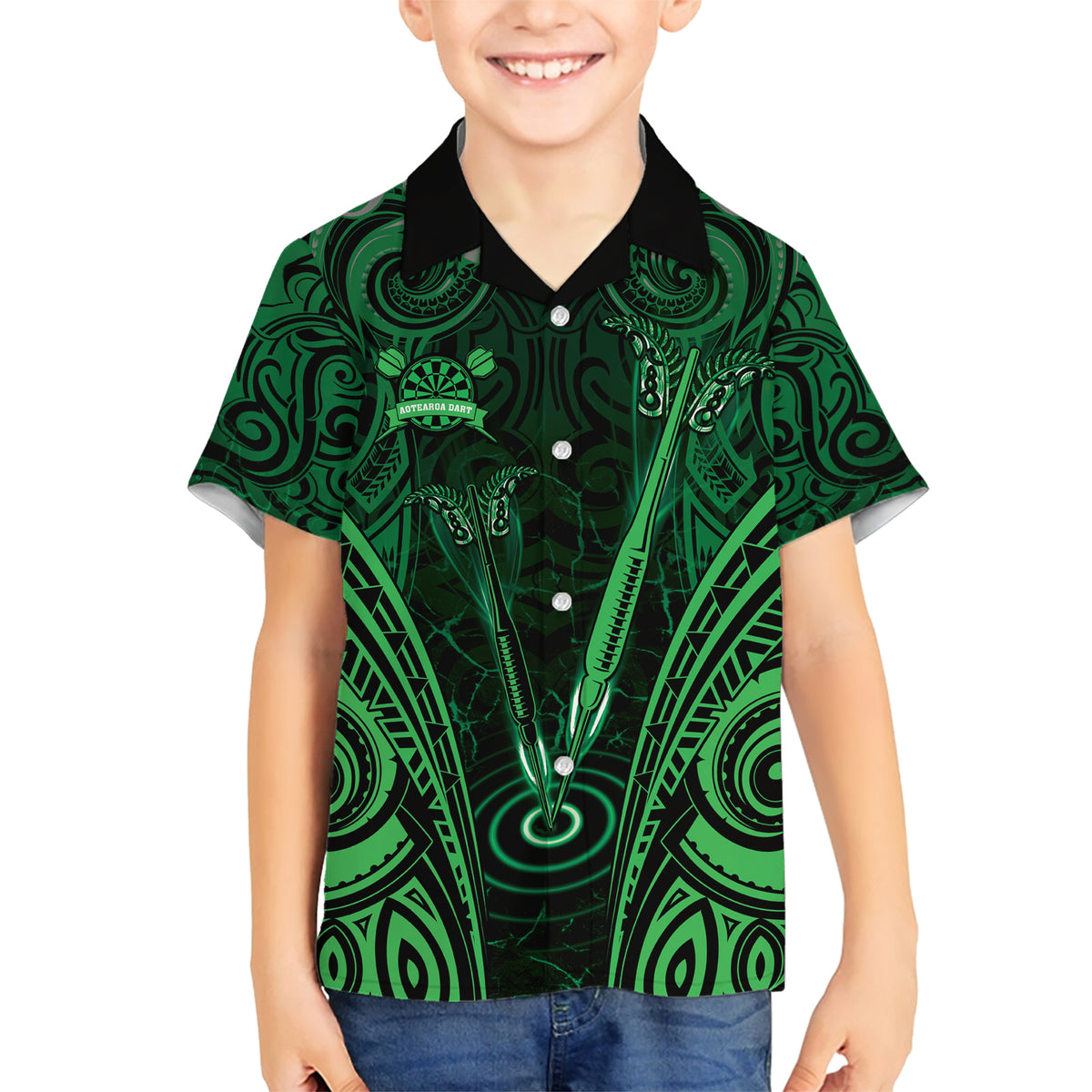 Personalised New Zealand Darts Family Matching Short Sleeve Bodycon Dress and Hawaiian Shirt Green Dart Board Maori Pattern LT05 Son's Shirt Green - Polynesian Pride