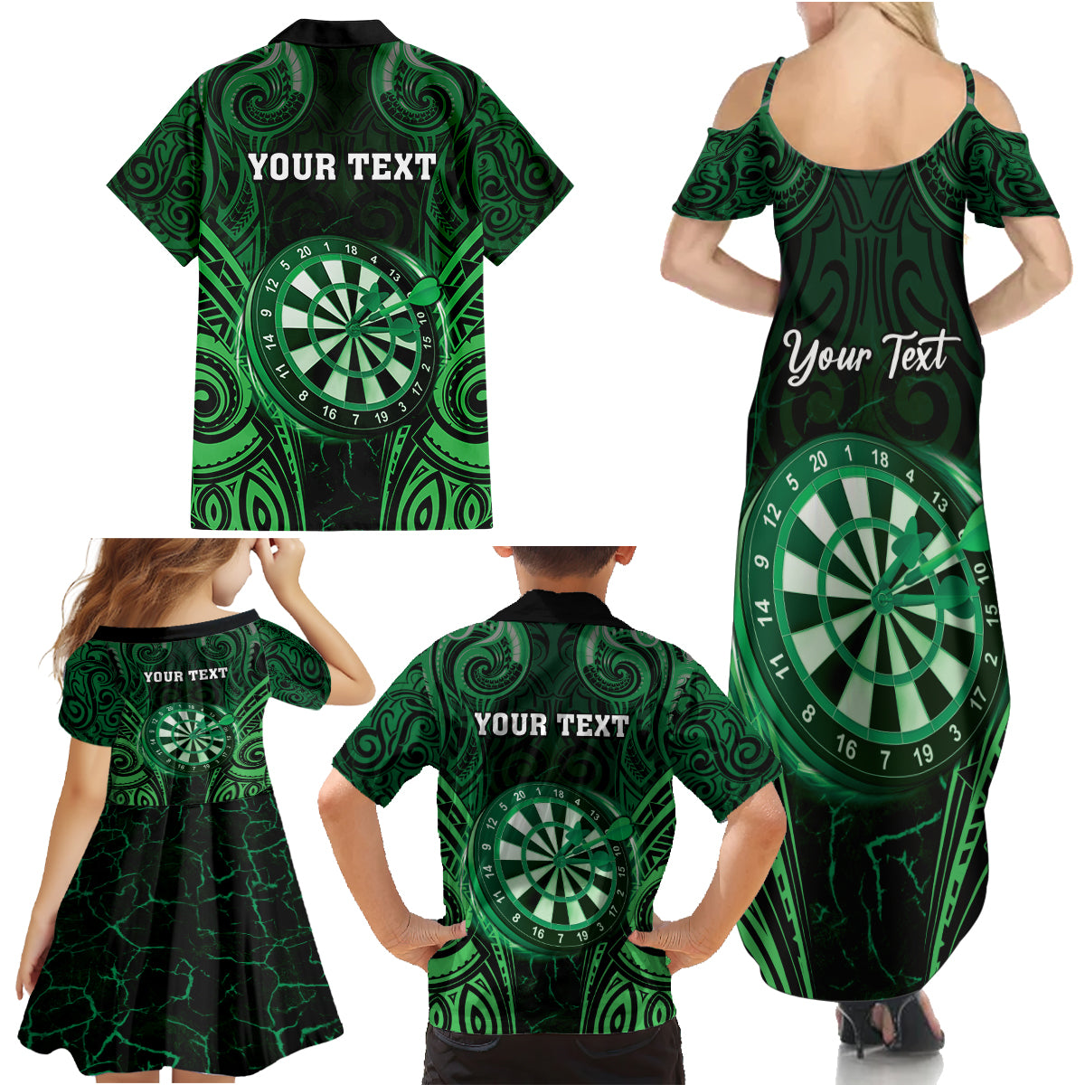 Personalised New Zealand Darts Family Matching Summer Maxi Dress and Hawaiian Shirt Green Dart Board Maori Pattern LT05 - Polynesian Pride