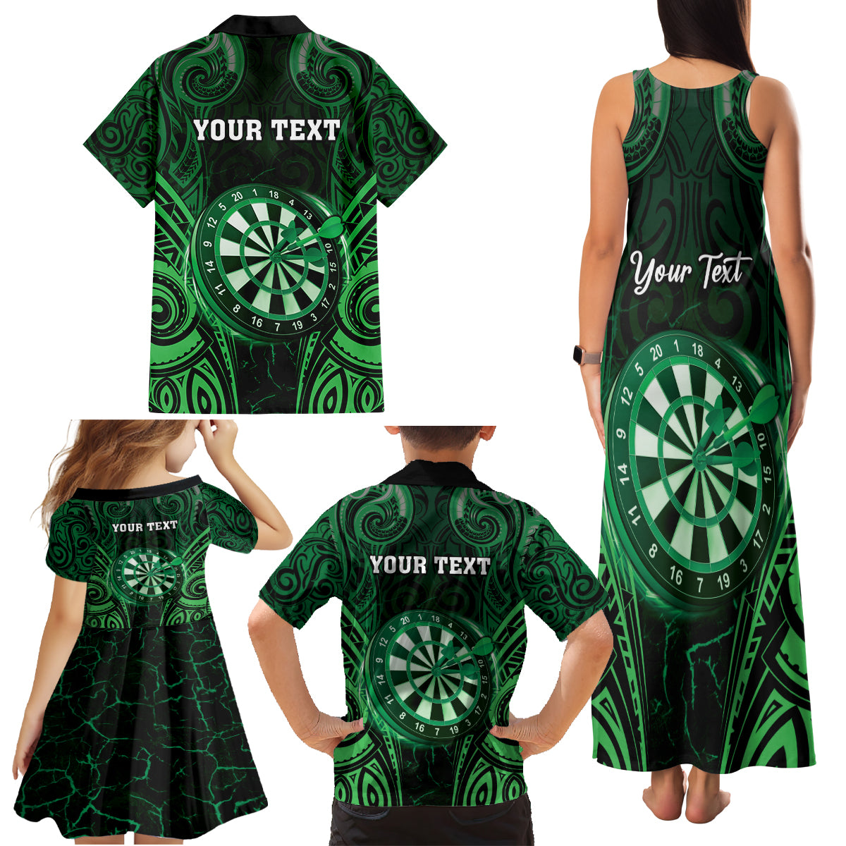 Personalised New Zealand Darts Family Matching Tank Maxi Dress and Hawaiian Shirt Green Dart Board Maori Pattern LT05 - Polynesian Pride
