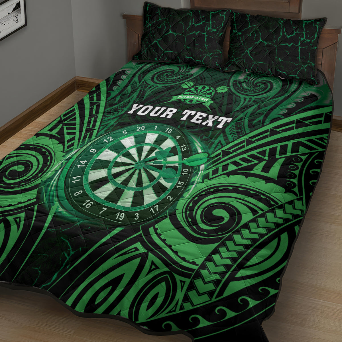 Personalised New Zealand Darts Quilt Bed Set Green Dart Board Maori Pattern