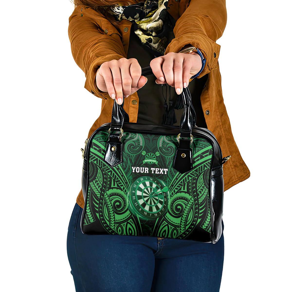 Personalised New Zealand Darts Shoulder Handbag Green Dart Board Maori Pattern LT05 One Size Green - Polynesian Pride