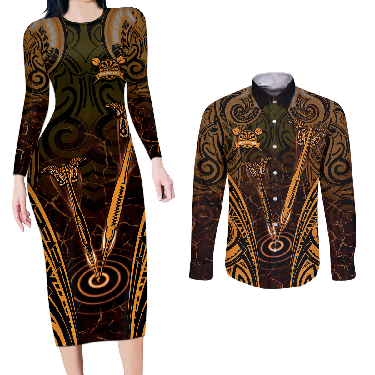 Personalised New Zealand Darts Couples Matching Long Sleeve Bodycon Dress and Long Sleeve Button Shirt Gold Dart Board Maori Pattern LT05 Gold - Polynesian Pride