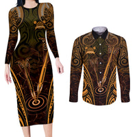 Personalised New Zealand Darts Couples Matching Long Sleeve Bodycon Dress and Long Sleeve Button Shirt Gold Dart Board Maori Pattern LT05 Gold - Polynesian Pride