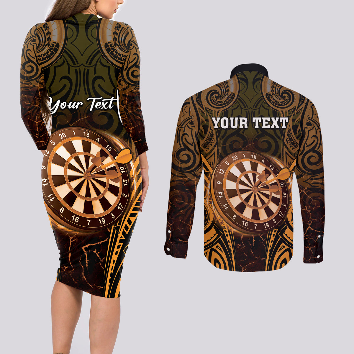 Personalised New Zealand Darts Couples Matching Long Sleeve Bodycon Dress and Long Sleeve Button Shirt Gold Dart Board Maori Pattern LT05 - Polynesian Pride