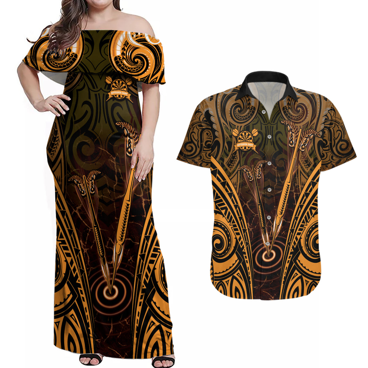 Personalised New Zealand Darts Couples Matching Off Shoulder Maxi Dress and Hawaiian Shirt Gold Dart Board Maori Pattern LT05 Gold - Polynesian Pride