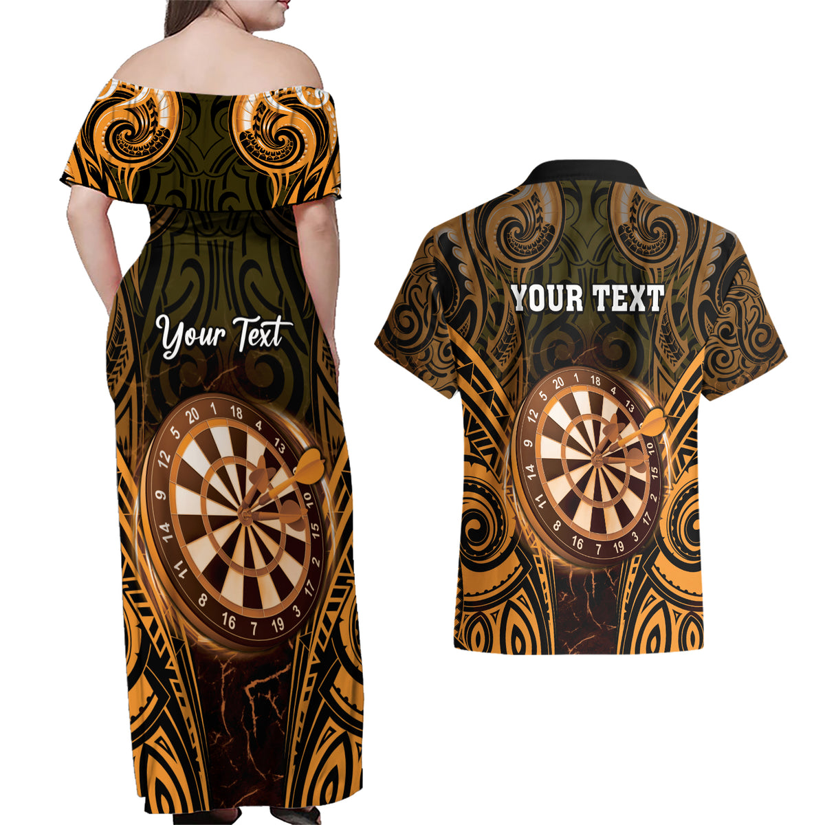 Personalised New Zealand Darts Couples Matching Off Shoulder Maxi Dress and Hawaiian Shirt Gold Dart Board Maori Pattern LT05 - Polynesian Pride