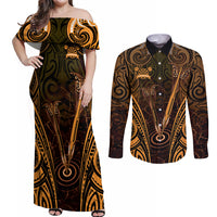 Personalised New Zealand Darts Couples Matching Off Shoulder Maxi Dress and Long Sleeve Button Shirt Gold Dart Board Maori Pattern LT05 Gold - Polynesian Pride