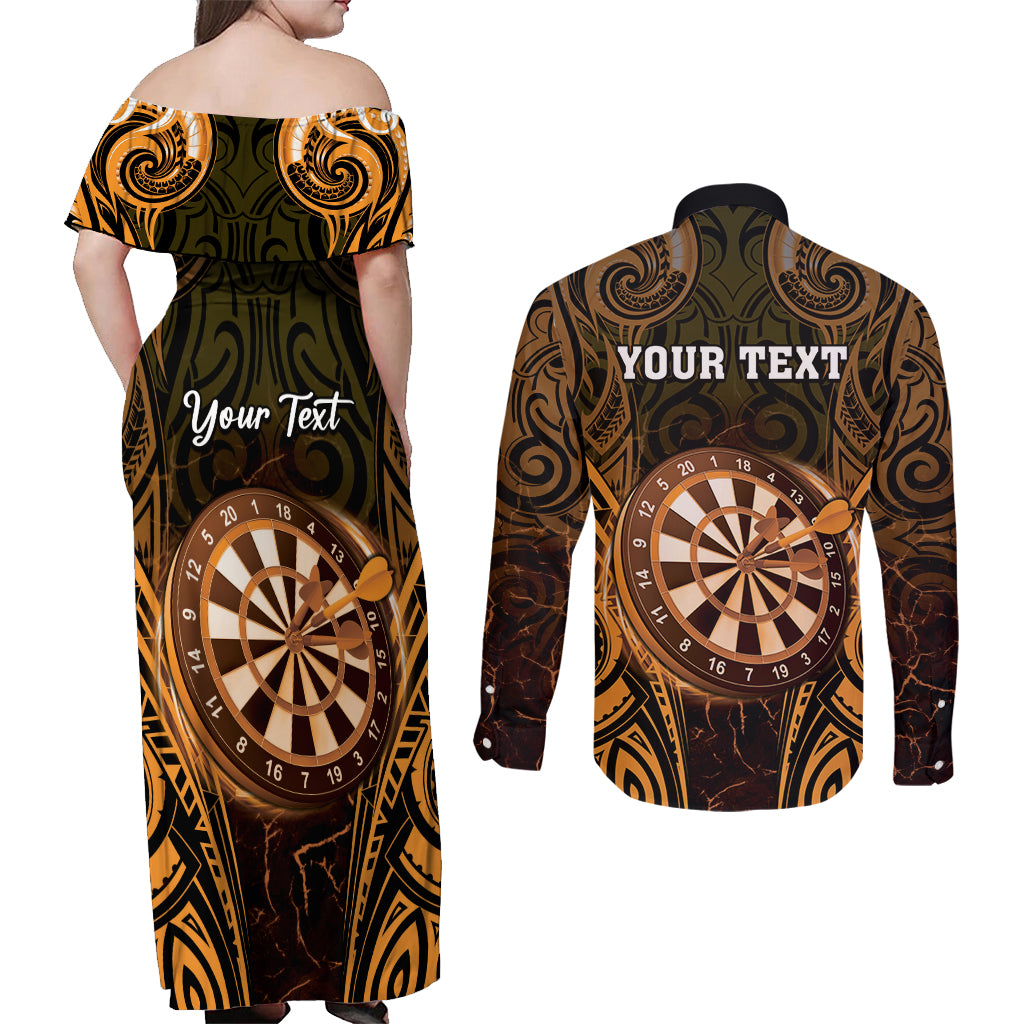 Personalised New Zealand Darts Couples Matching Off Shoulder Maxi Dress and Long Sleeve Button Shirt Gold Dart Board Maori Pattern LT05 - Polynesian Pride
