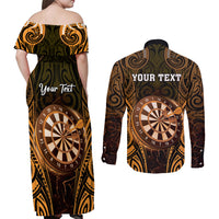 Personalised New Zealand Darts Couples Matching Off Shoulder Maxi Dress and Long Sleeve Button Shirt Gold Dart Board Maori Pattern LT05 - Polynesian Pride