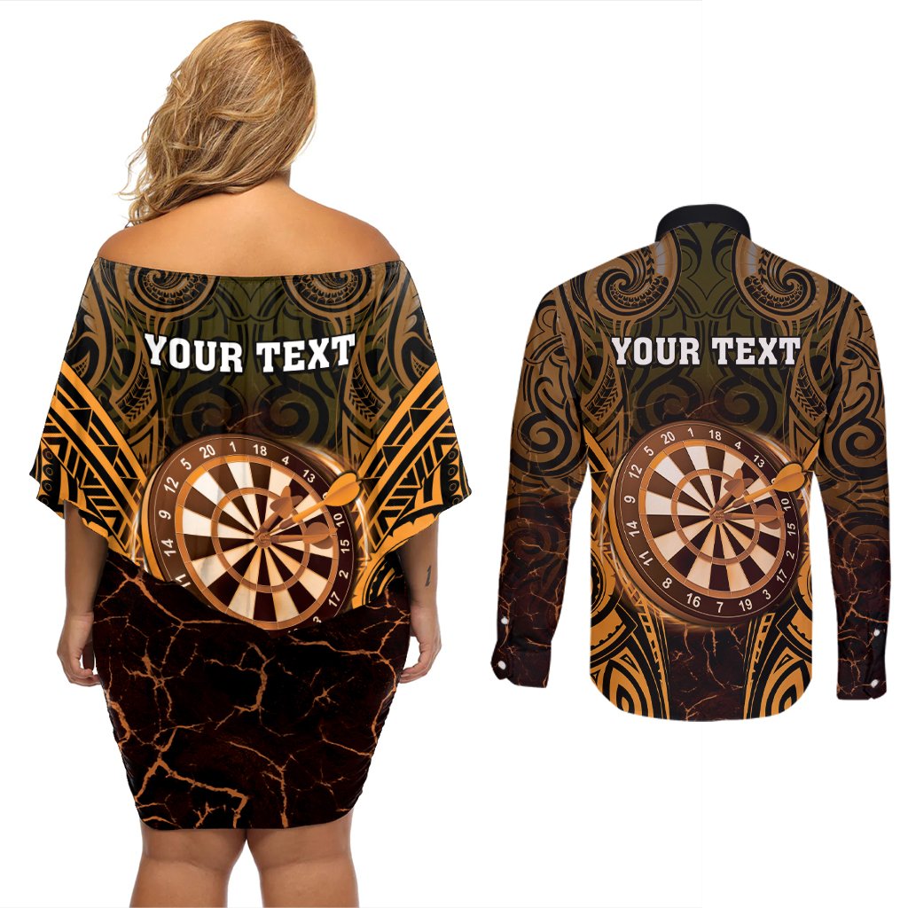 Personalised New Zealand Darts Couples Matching Off Shoulder Short Dress and Long Sleeve Button Shirt Gold Dart Board Maori Pattern LT05 - Polynesian Pride